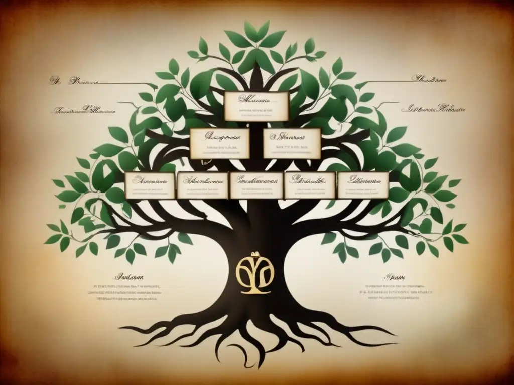 Un árbol genealógico vintage detallando la evolución de apellidos por conversión religiosa, con ramas entrelazadas y divergentes