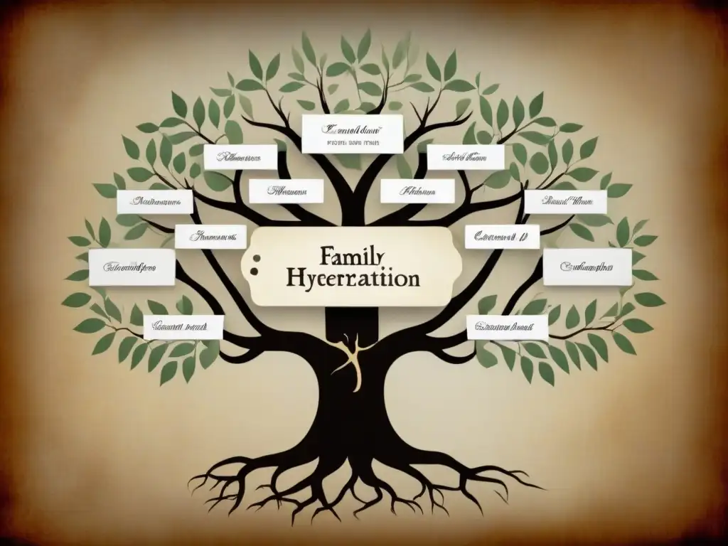 Un árbol genealógico sepia con apellidos extintos siglo XXI entrelazados en ramas delicadas, nombres antiguos y retratos añejos