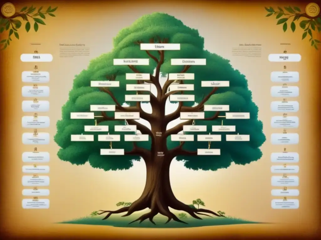 Un árbol genealógico vintage detallando la evolución de apellidos laosianos