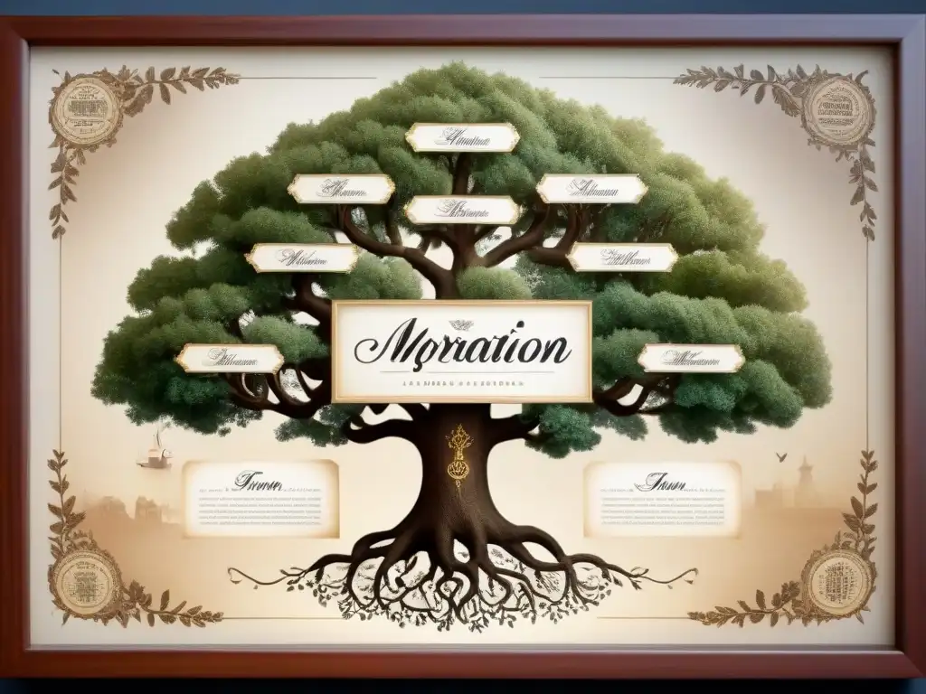 Un árbol genealógico vintage detallando la evolución de apellidos en migración con ornamentos y tonos sepia