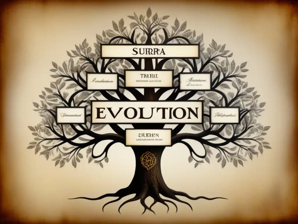 Un árbol genealógico vintage detallando la evolución de apellidos con T, con elegante caligrafía y tonos sepia