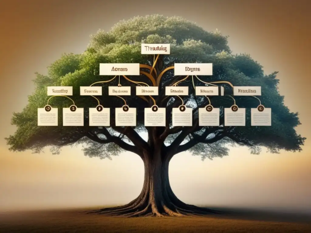 Árbol genealógico vintage detallando la evolución de apellidos con tonos sepia, mostrando origen y movilidad social