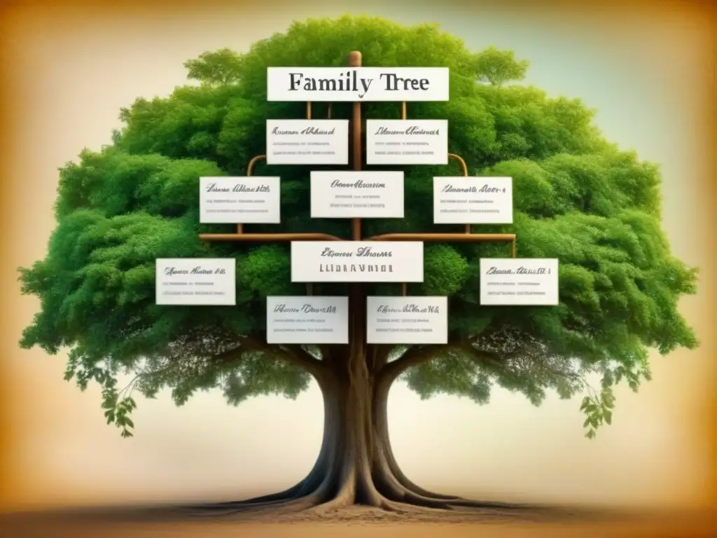 Un árbol genealógico vintage detallando la evolución de apellidos