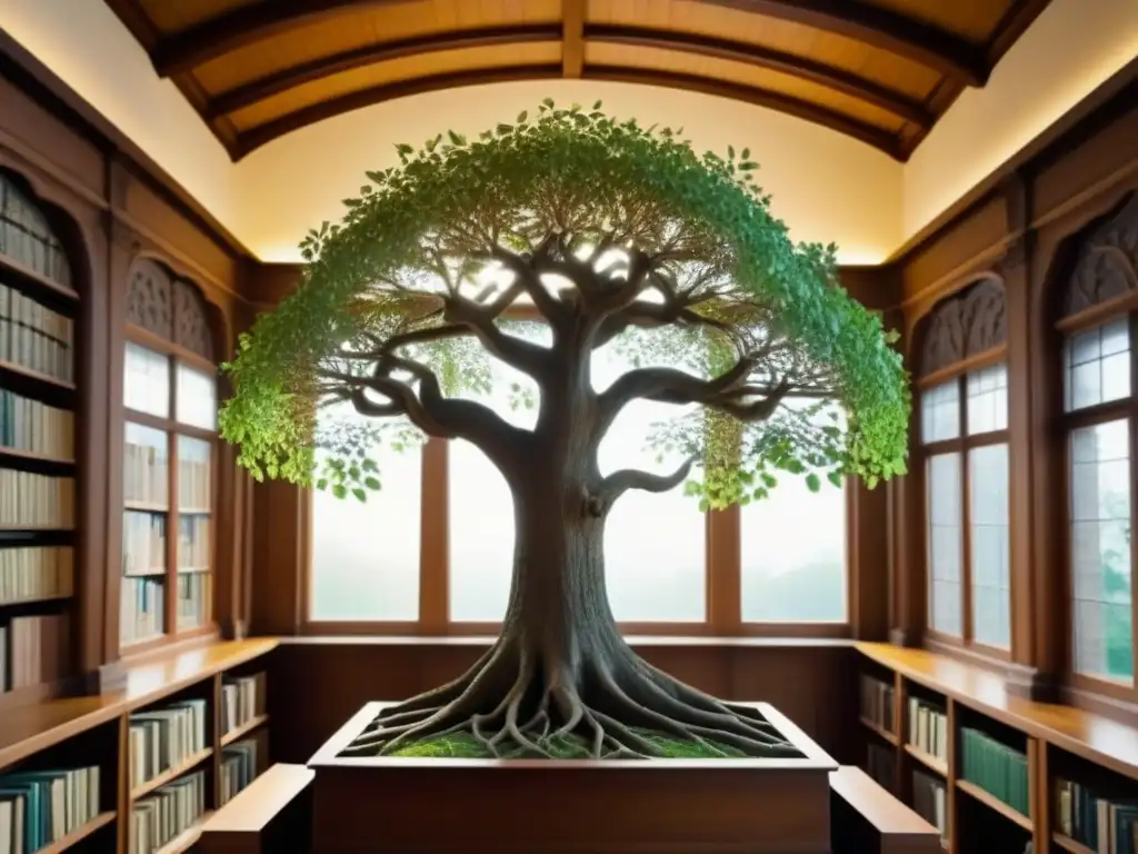 Un árbol genealógico detallado en una antigua biblioteca, con nombres de ancestros en caligrafía elegante