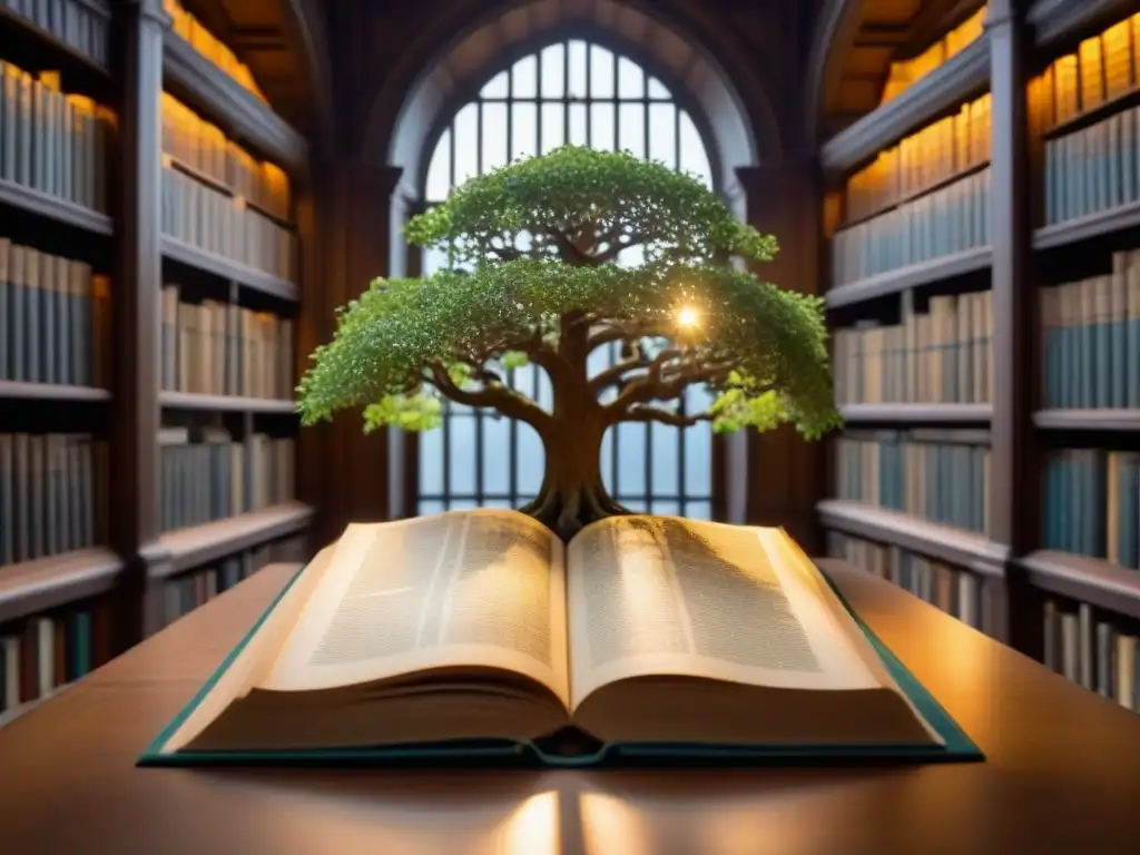 Un árbol genealógico detallado en un antiguo pergamino en una biblioteca iluminada por el sol