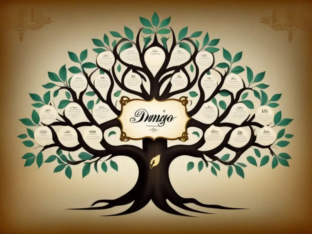 Un árbol genealógico detallado del apellido Domingo, evocando la historia familiar con elegante caligrafía y tonos sepia