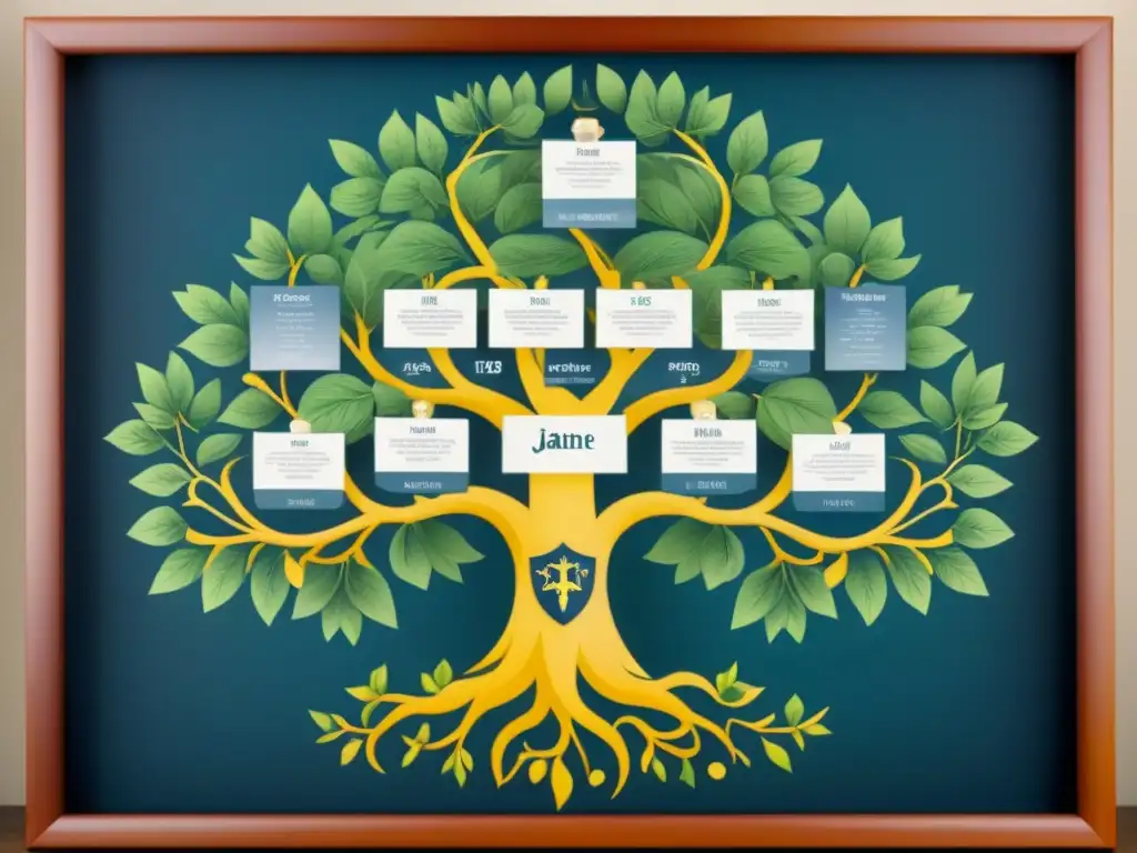 Un árbol genealógico detallado del apellido 'Jaime' a lo largo de diferentes épocas históricas, con caligrafía elegante y ilustraciones vintage representativas de cada era