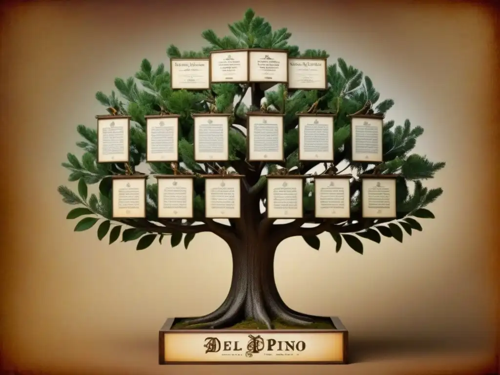 Un árbol genealógico detallado con el apellido 'Del Pino', fotos antiguas, caligrafía y hojas representando generaciones