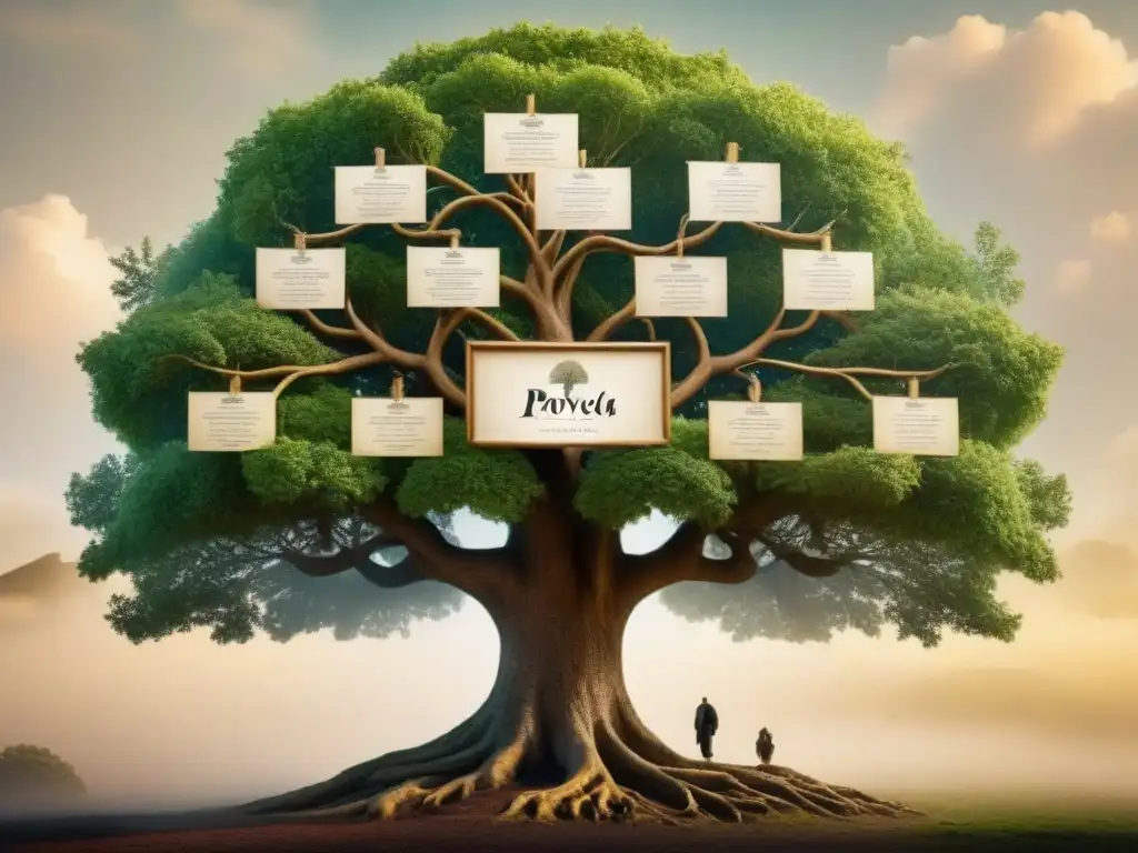 Un árbol genealógico detallado en sepia con el apellido 'Poveda' destacado, mostrando ramas entrelazadas y nombres de familiares conectados en caligrafía delicada