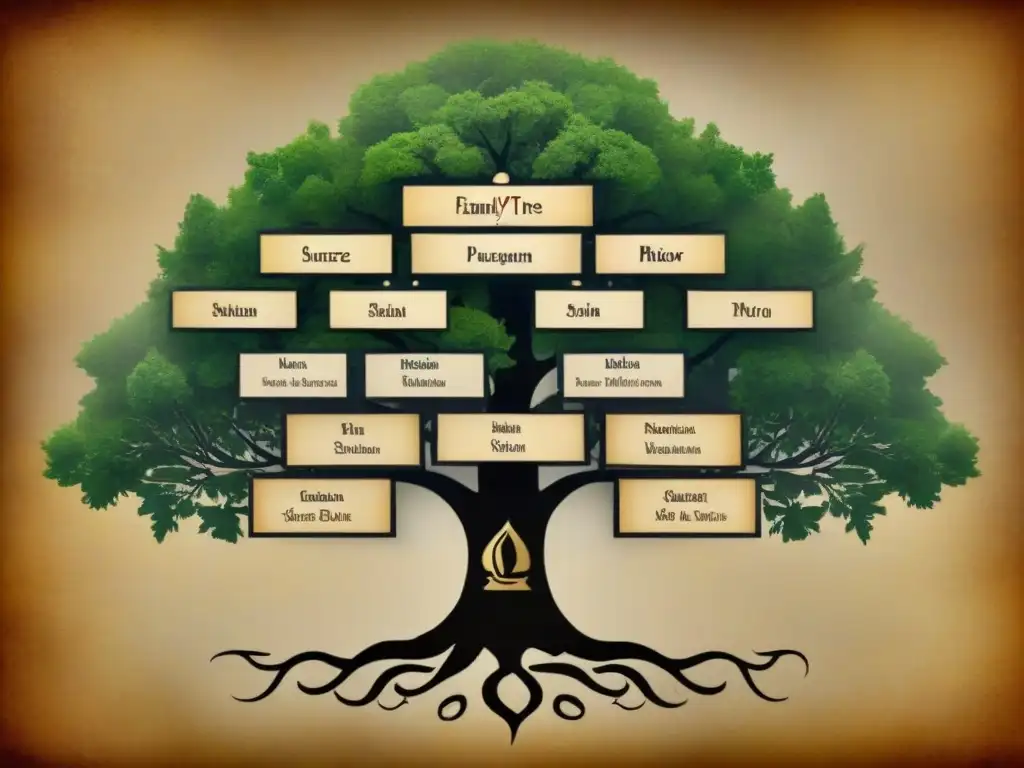 Un árbol genealógico detallado del apellido Suárez a lo largo de las generaciones, con elegante caligrafía y retratos de ancestros