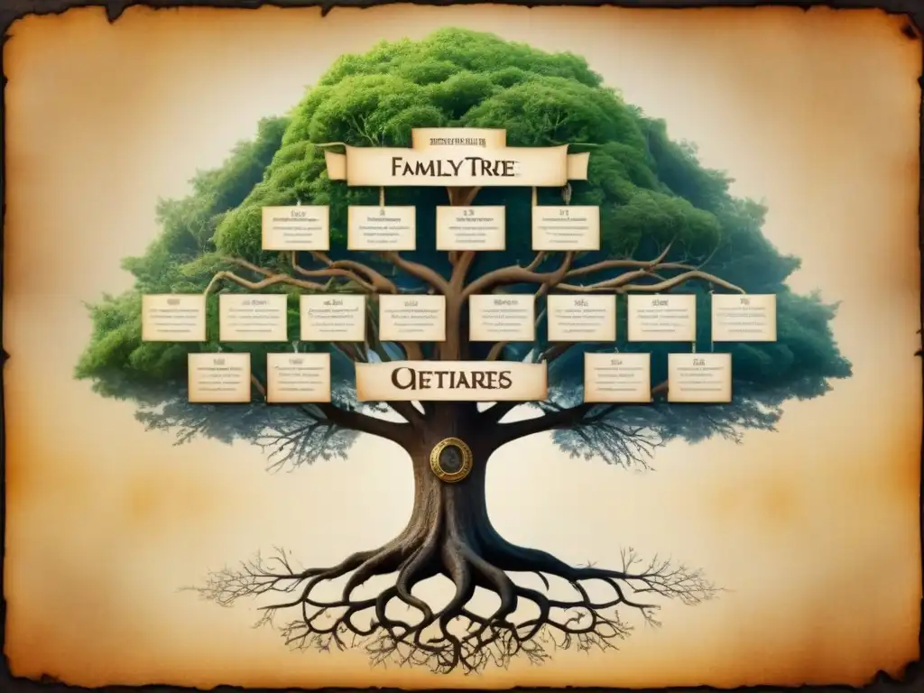 Árbol genealógico detallado del apellido García en pergamino envejecido, simbolizando orígenes y significado familiar