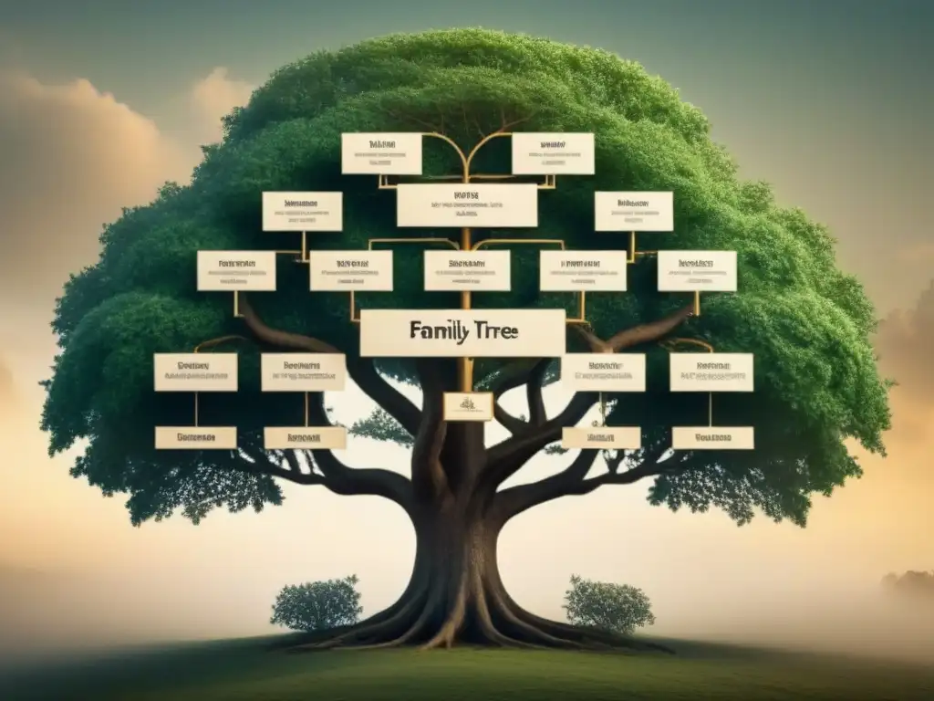 Un árbol genealógico detallado con apellidos y ADN, fusionando historia y genética en la exploración de la Historia de apellidos marcadores genéticos