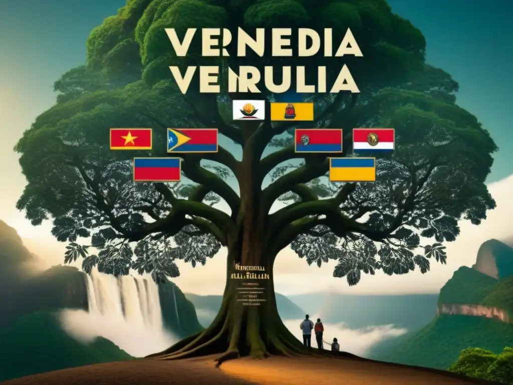 Un árbol genealógico detallado con apellidos venezolanos y símbolos culturales