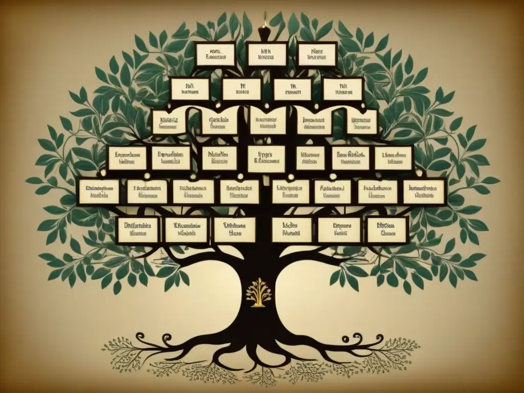 Un árbol genealógico detallado de apellidos aristocráticos a lo largo de la historia, con diseño vintage y elegante