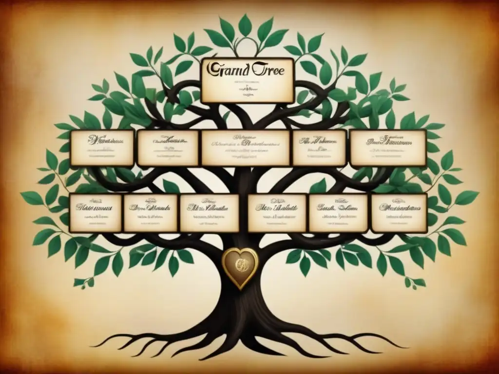 Un árbol genealógico detallado con apellidos de telenovelas en caligrafía, sobre pergamino sepia