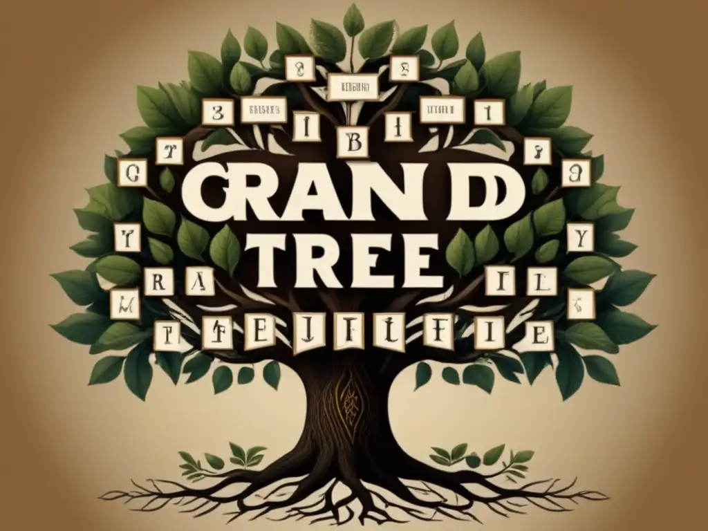 Un árbol genealógico detallado con apellidos entrelazados en caligrafía, una representación visual de historia de apellidos genealogía linajes