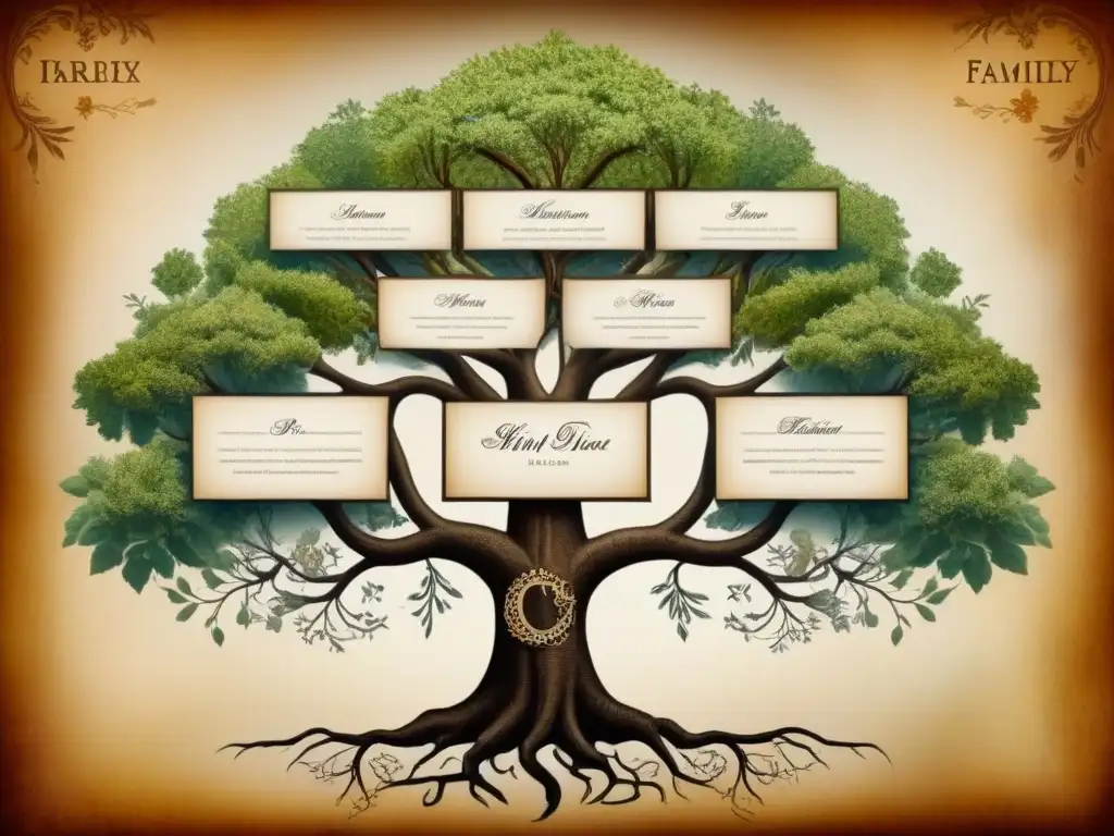 Un árbol genealógico detallado con apellidos únicos y cálidos tonos terrosos, evocando historia y linaje