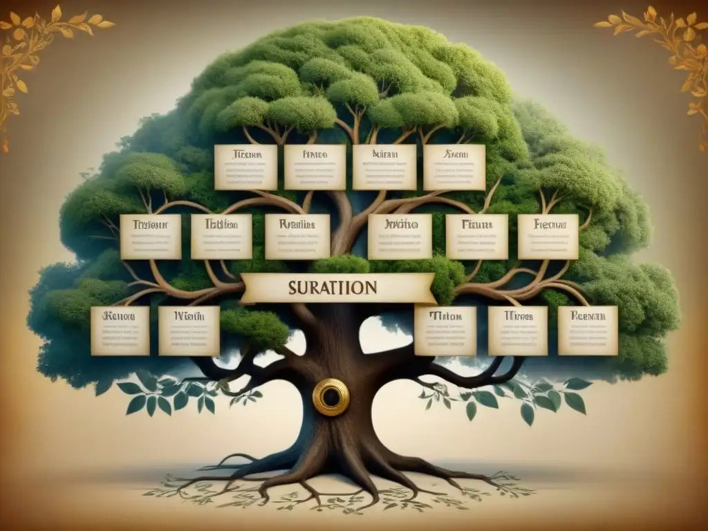 Un árbol genealógico detallado con evolución de apellidos a través del tiempo, mostrando linajes y conexiones históricas