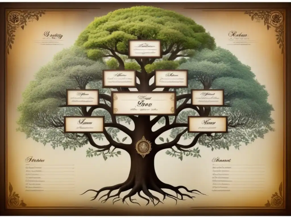 Un árbol genealógico detallado con apellidos, linajes y clases sociales entrelazados en una representación visual histórica y informativa