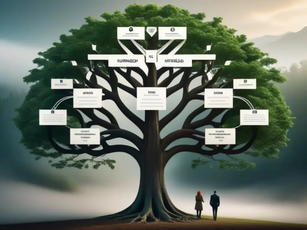 Un árbol genealógico detallado con apellidos con R entrelazados, simbolizando linajes entrecruzados