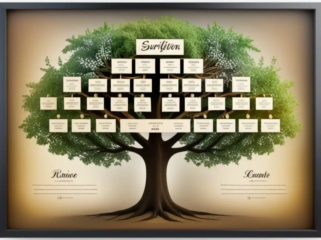 Árbol genealógico detallado mostrando la evolución de apellidos en el siglo XX, con caligrafía intrincada y tonos sepia