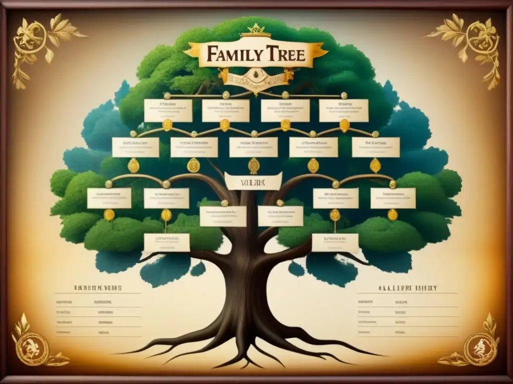 Árbol genealógico detallado de la aristocracia europea, con escudos heráldicos y nombres de linajes en caligrafía histórica