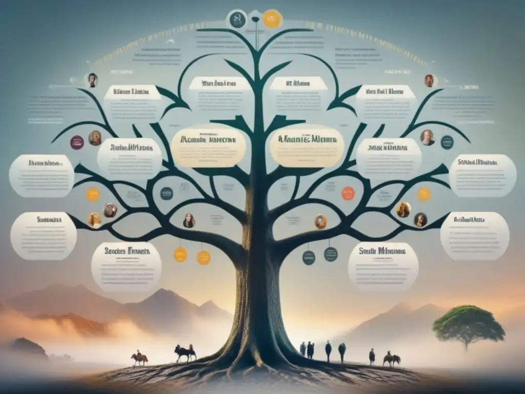 Un árbol genealógico detallado muestra el ascenso social de apellidos históricos, con ramas destacando logros educativos y hitos políticos