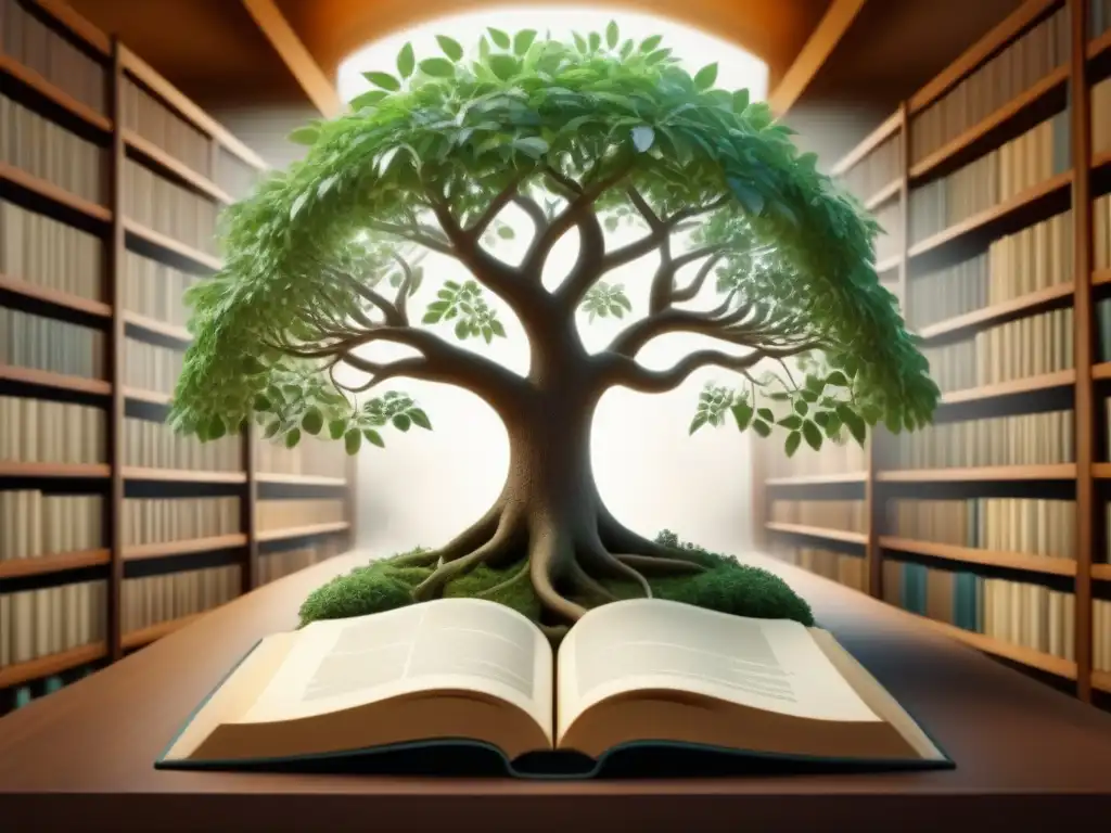 Un árbol genealógico detallado en una biblioteca antigua, reflejando generaciones conectadas