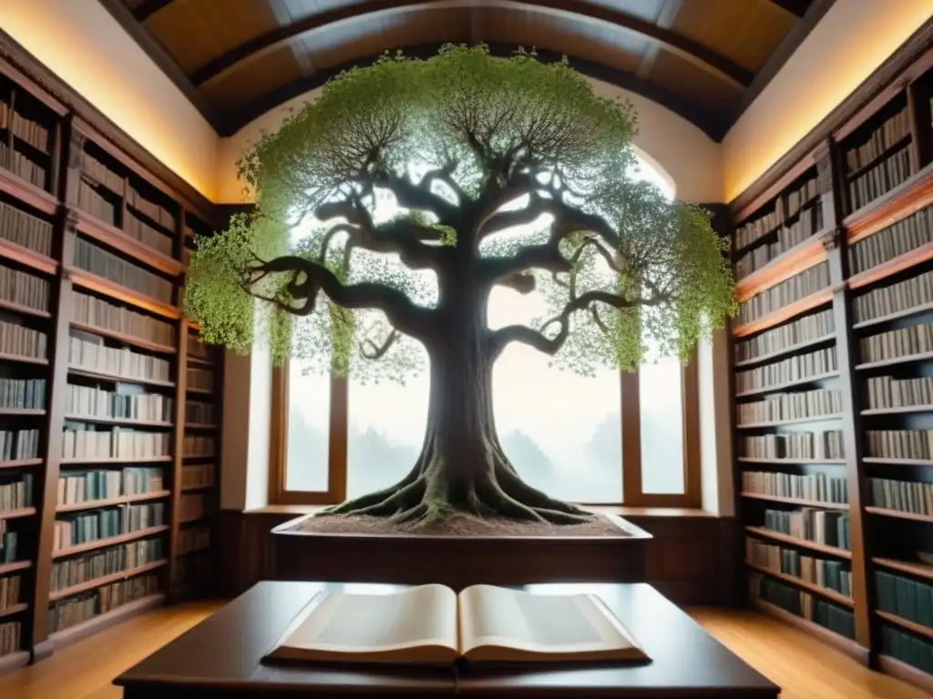 Un árbol genealógico detallado en una biblioteca antigua con libros de historia apellidos genealogía genética