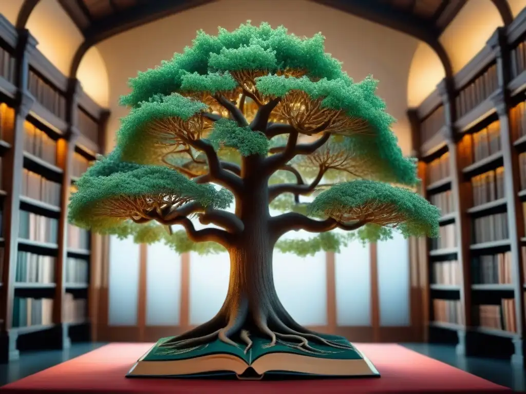 Un árbol genealógico detallado en una biblioteca antigua, evocando la historia