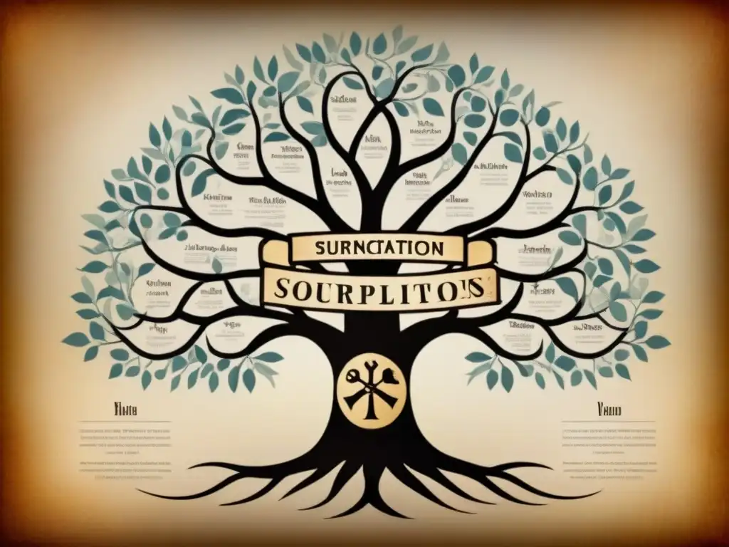 Un árbol genealógico detallado con caligrafía vintage, ilustraciones de herramientas y símbolos de oficios