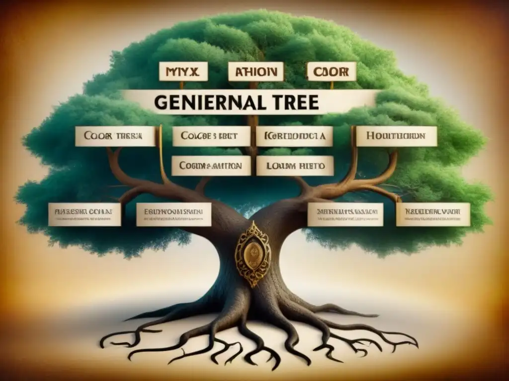 Un árbol genealógico detallado en caligrafía antigua sobre pergamino envejecido, evocando apellidos históricos linajes genealogía