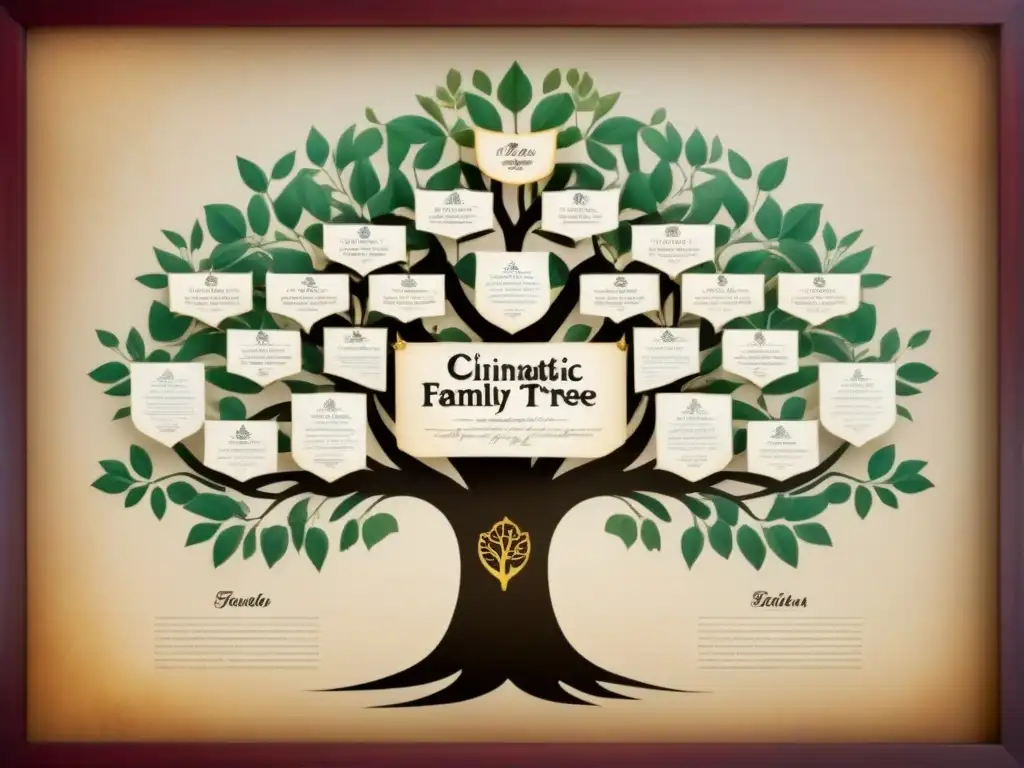 Un árbol genealógico sepia detallado con caligrafía, ilustraciones de escudos familiares antiguos y bordes desgastados