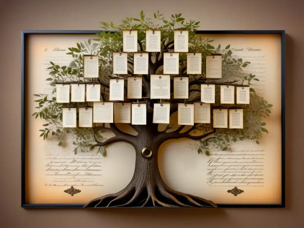 Un árbol genealógico detallado con caligrafía antigua, fotos de ancestros y una lupa sobre un nombre