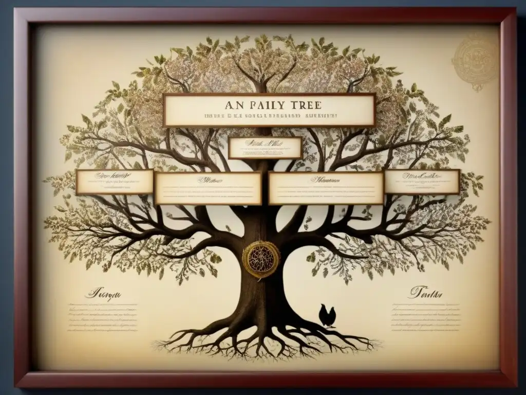 Árbol genealógico detallado en caligrafía vintage, tonos sepia nostálgicos y flores enmarcan