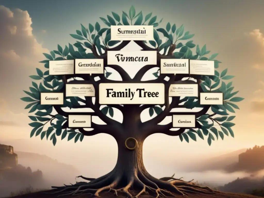 Árbol genealógico detallado con caligrafía, simbolizando el origen de apellidos, linajes e historia familiar en pergamino envejecido