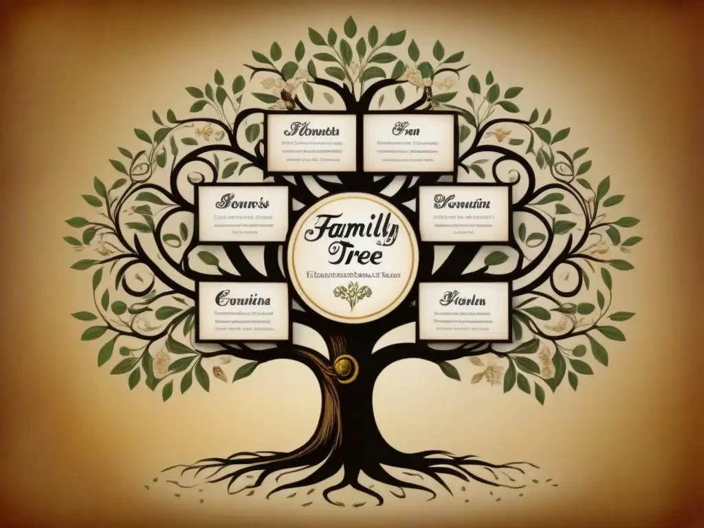 Un árbol genealógico renacentista detallado con caligrafía y motivos florales, perfecto para técnicas genealógicas apellidos renacimiento