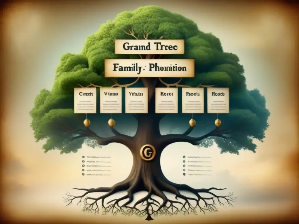 Árbol genealógico fonético: un legado ancestral en ilustración vintage Un árbol genealógico detallado con cambios fonéticos en apellidos, en un pergamino envejecido