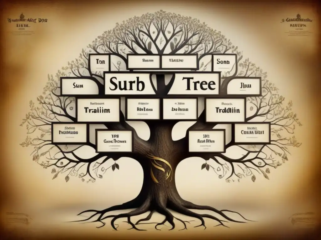 Un árbol genealógico detallado en sepia de concursantes de reality shows, entrelazando historias de apellidos en genealogía