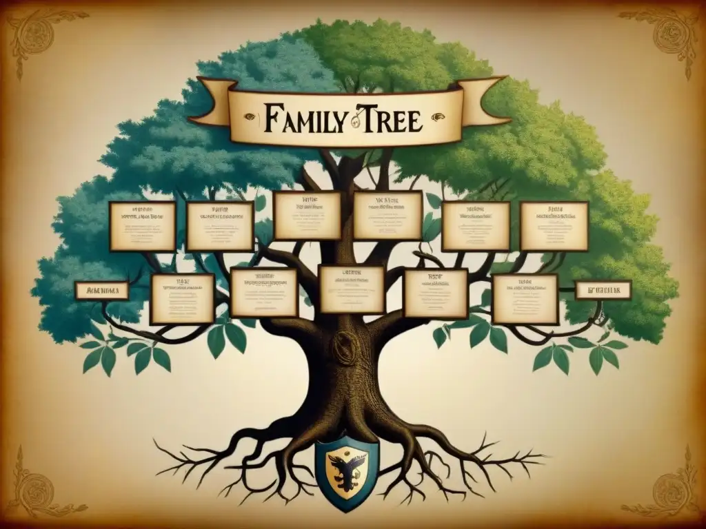 Un árbol genealógico detallado muestra conexiones inesperadas entre apellidos y escudos a lo largo de generaciones