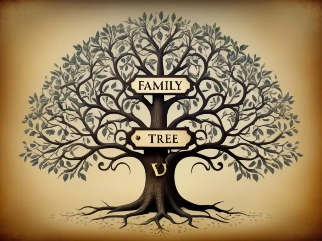 Un árbol genealógico detallado con conexiones familiares y apellidos, destacando la historia y la genealogía en una atmósfera de misterio y elegancia