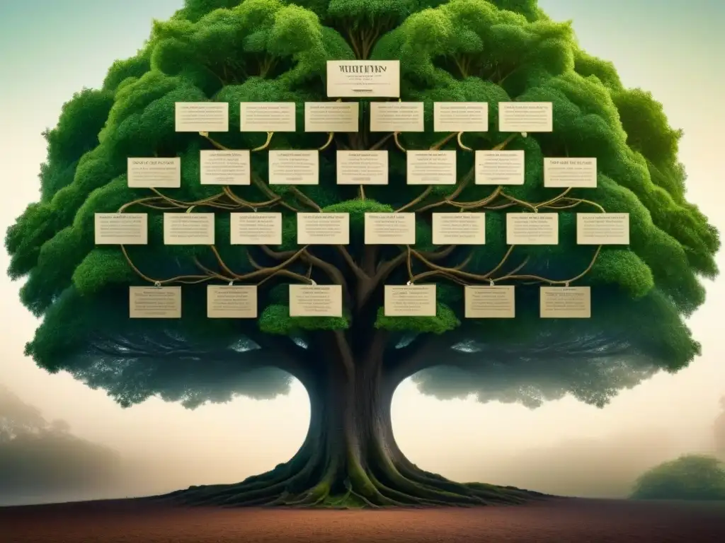 Un árbol genealógico detallado con conexiones inesperadas entre ancestros, en tonos cálidos y tierra