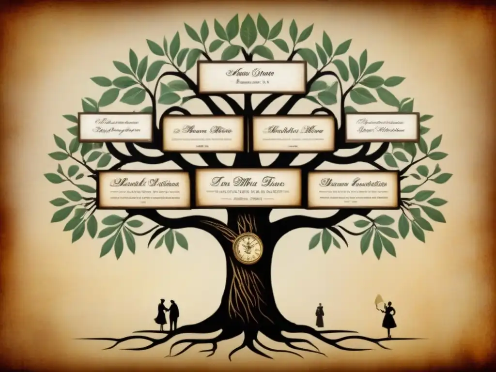 Un árbol genealógico detallado dibujado a mano, mostrando varias generaciones de antepasados en un estilo vintage sobre pergamino antiguo