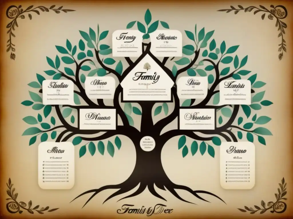 Un árbol genealógico vintage ricamente detallado, con un diseño intrincado y elegante que fusiona historia de apellidos, genealogía y genética