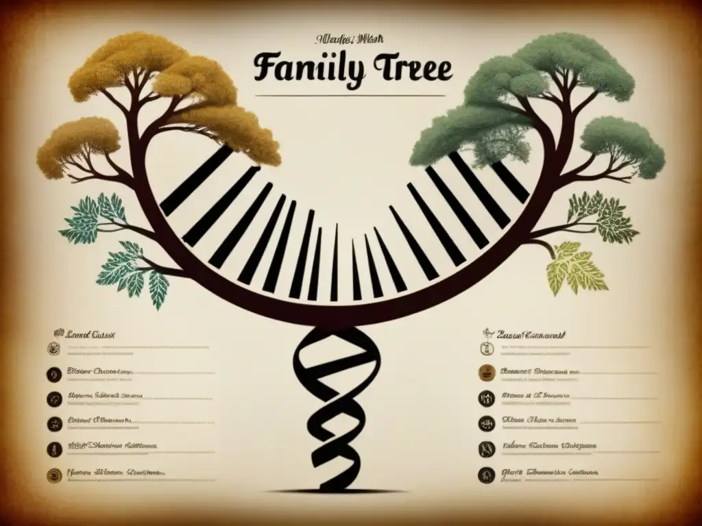 Un árbol genealógico detallado se entrelaza con una doble hélice de ADN, representando la complejidad de las conexiones genéticas