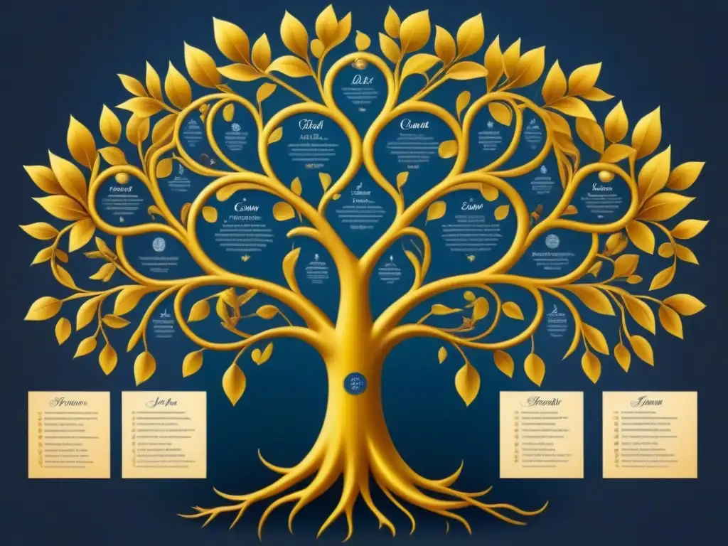 Un árbol genealógico detallado y elegante del linaje Del Canto, con colores ricos y ramas entrelazadas como notas musicales