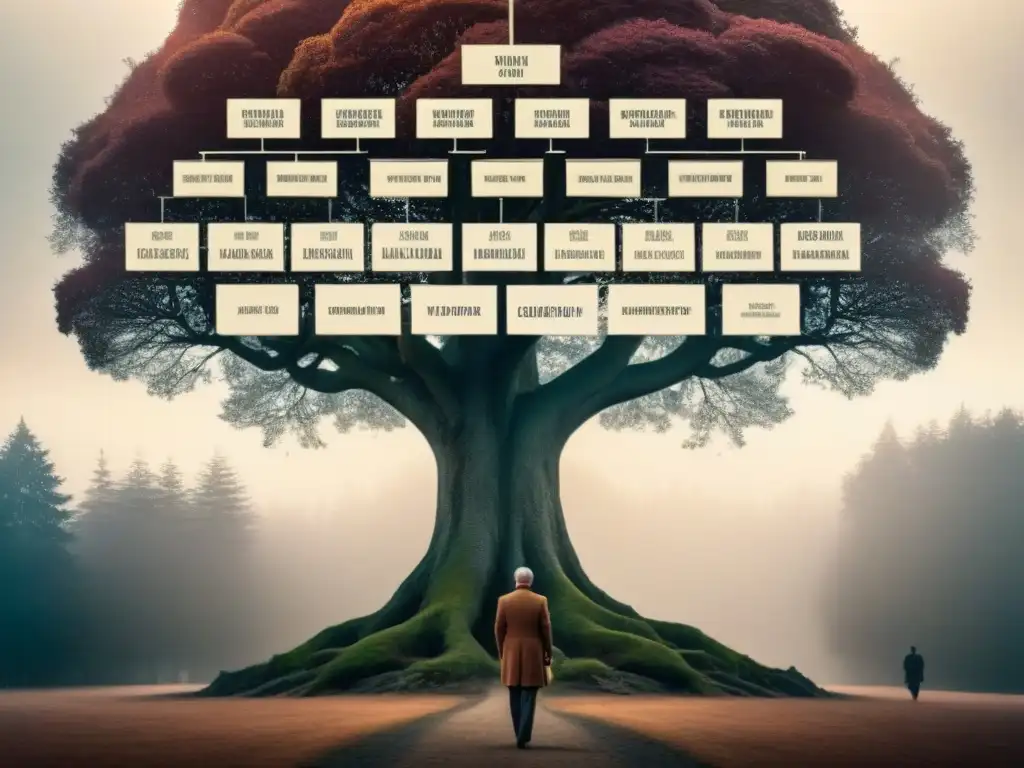 Un árbol genealógico detallado entrelazado con ADN, marcadores genéticos en genealogía