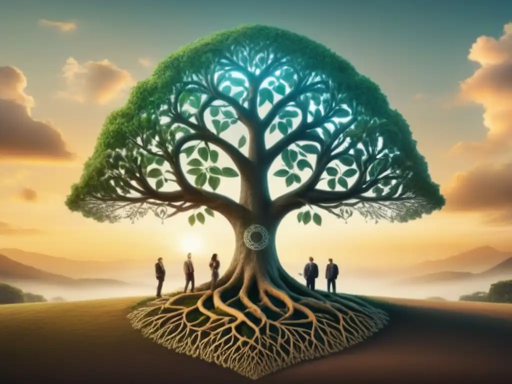 Un árbol genealógico detallado con ADN entrelazado, representando la diversidad y conexiones familiares