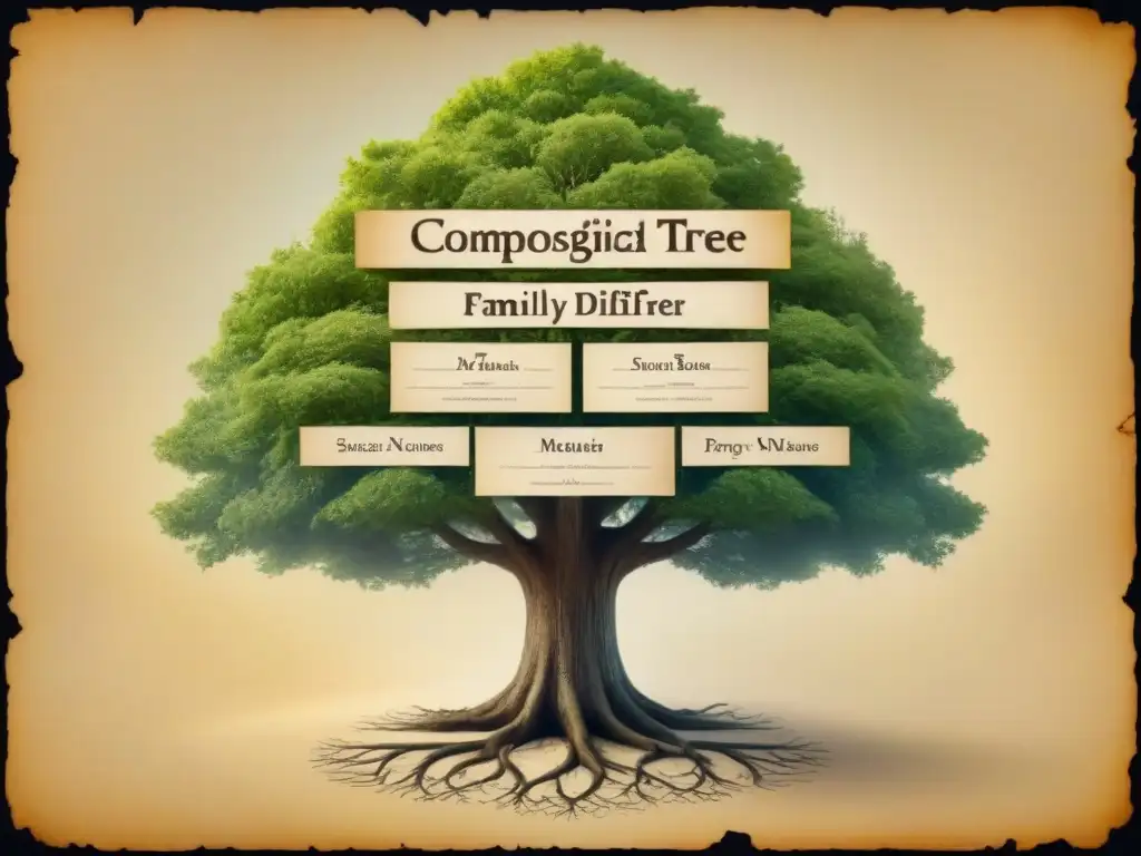 Un árbol genealógico detallado envejecido con precisión, nombres delicadamente inscritos en ramas, papel envejecido