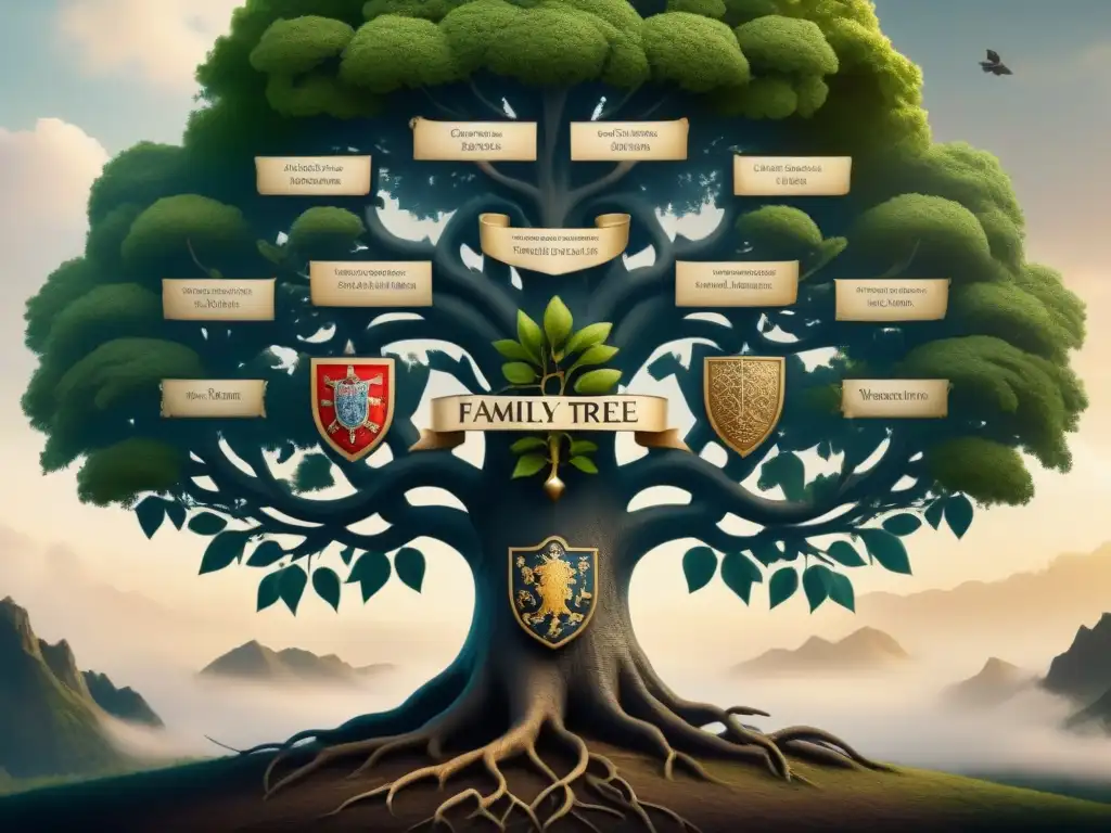 Un árbol genealógico detallado con escudos de armas únicos representando apellidos